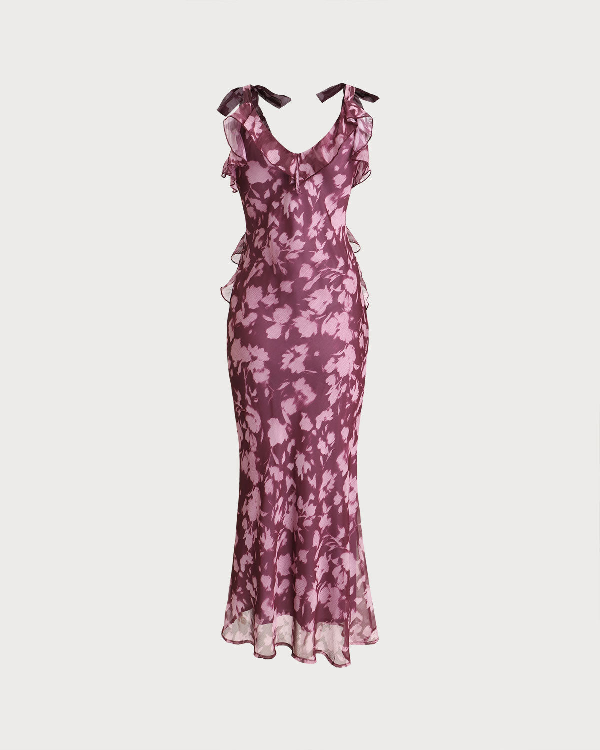 Purple Floral Ruffle Tie Strap Maxi Dress