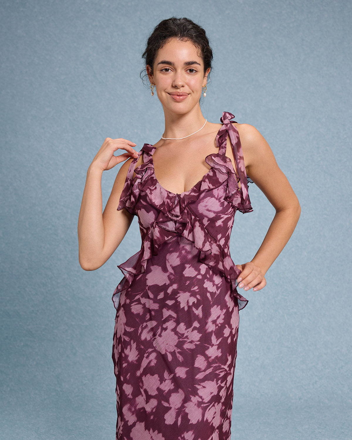 Purple Floral Ruffle Tie Strap Maxi Dress