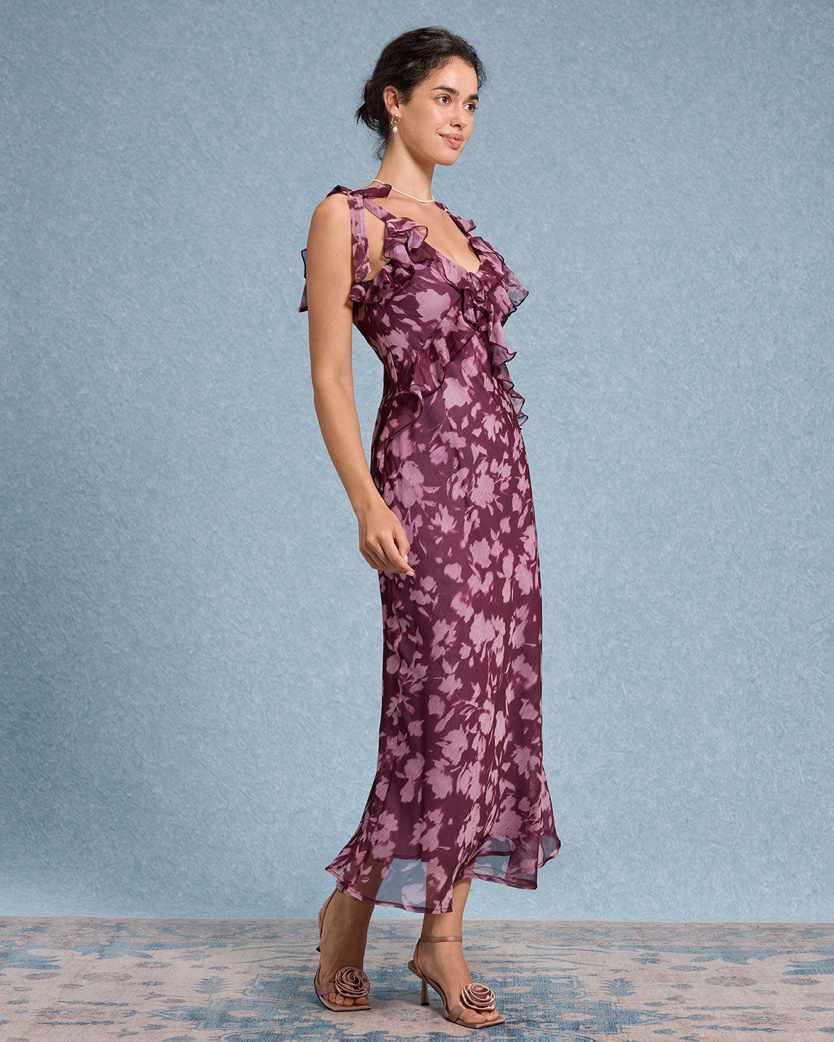 Purple Floral Ruffle Tie Strap Maxi Dress