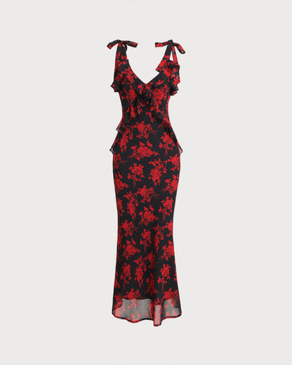 Black Floral Chiffon Slip Maxi Dress