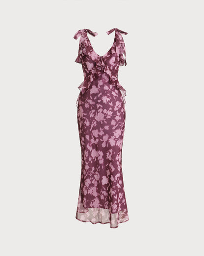 Purple Floral Ruffle Tie Strap Maxi Dress