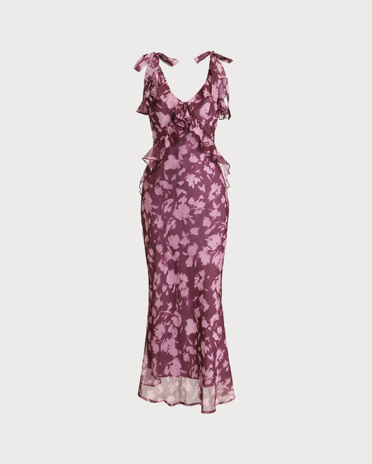 Purple Floral Ruffle Tie Strap Maxi Dress