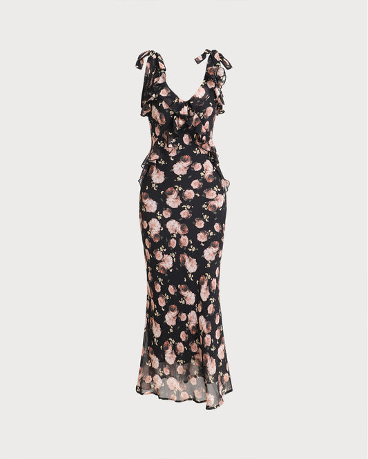 Black Floral Ruffle Sleeveless Maxi Dress