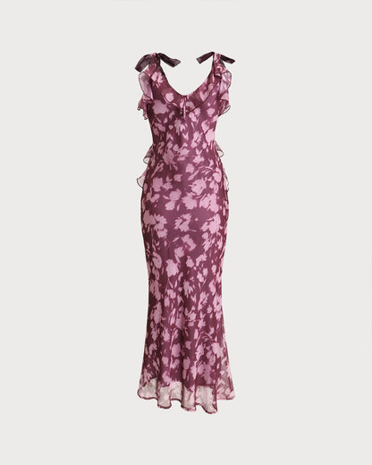 Purple Floral Ruffle Tie Strap Maxi Dress