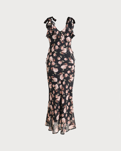 Black Floral Ruffle Sleeveless Maxi Dress