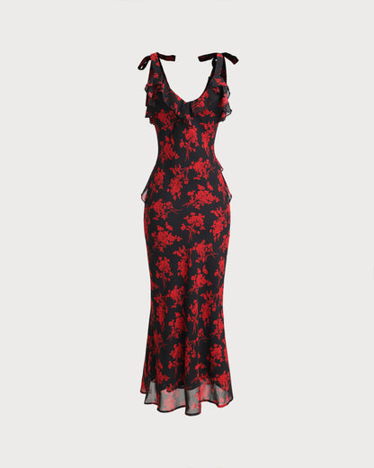 Black Floral Chiffon Slip Maxi Dress