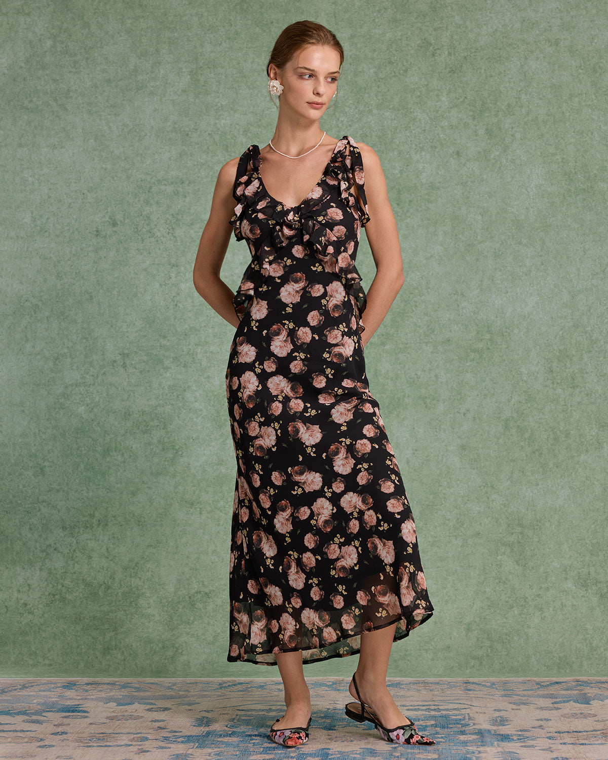 Black Floral Ruffle Sleeveless Maxi Dress
