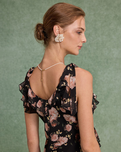 Black Floral Ruffle Sleeveless Maxi Dress