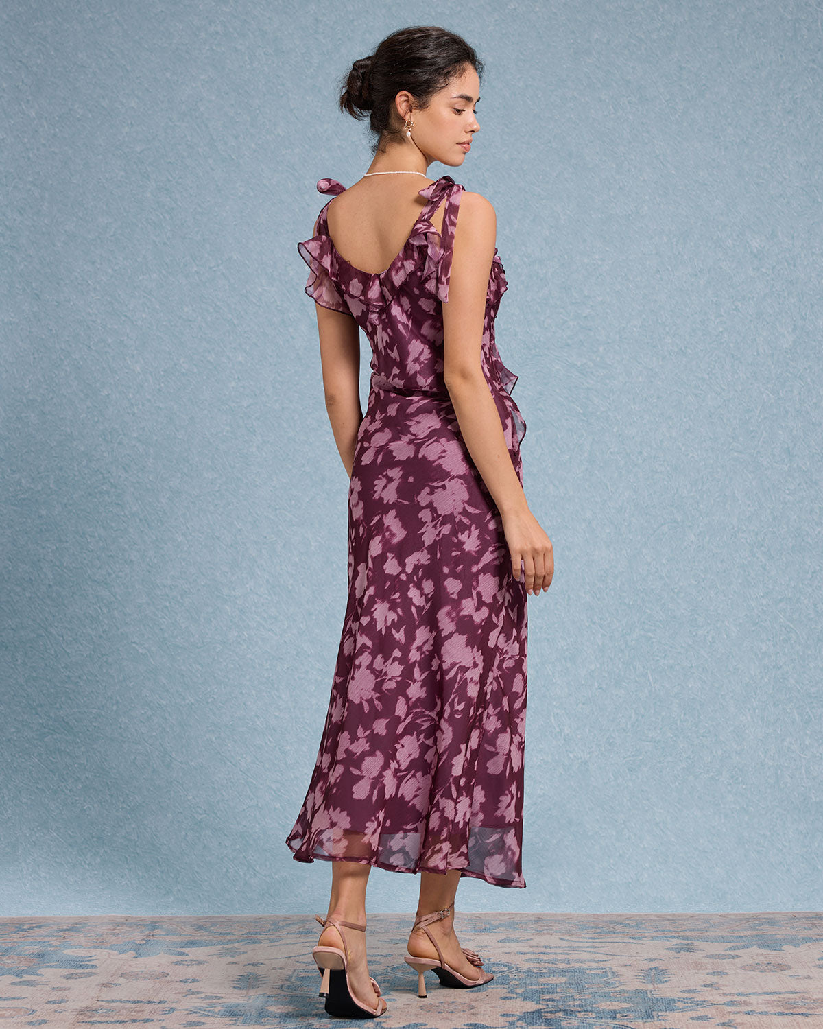 Purple Floral Ruffle Tie Strap Maxi Dress