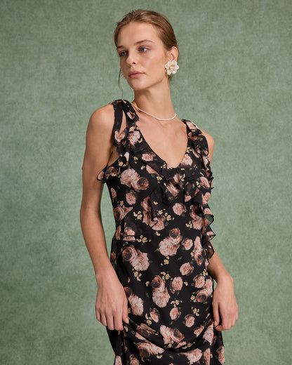 Black Floral Ruffle Sleeveless Maxi Dress