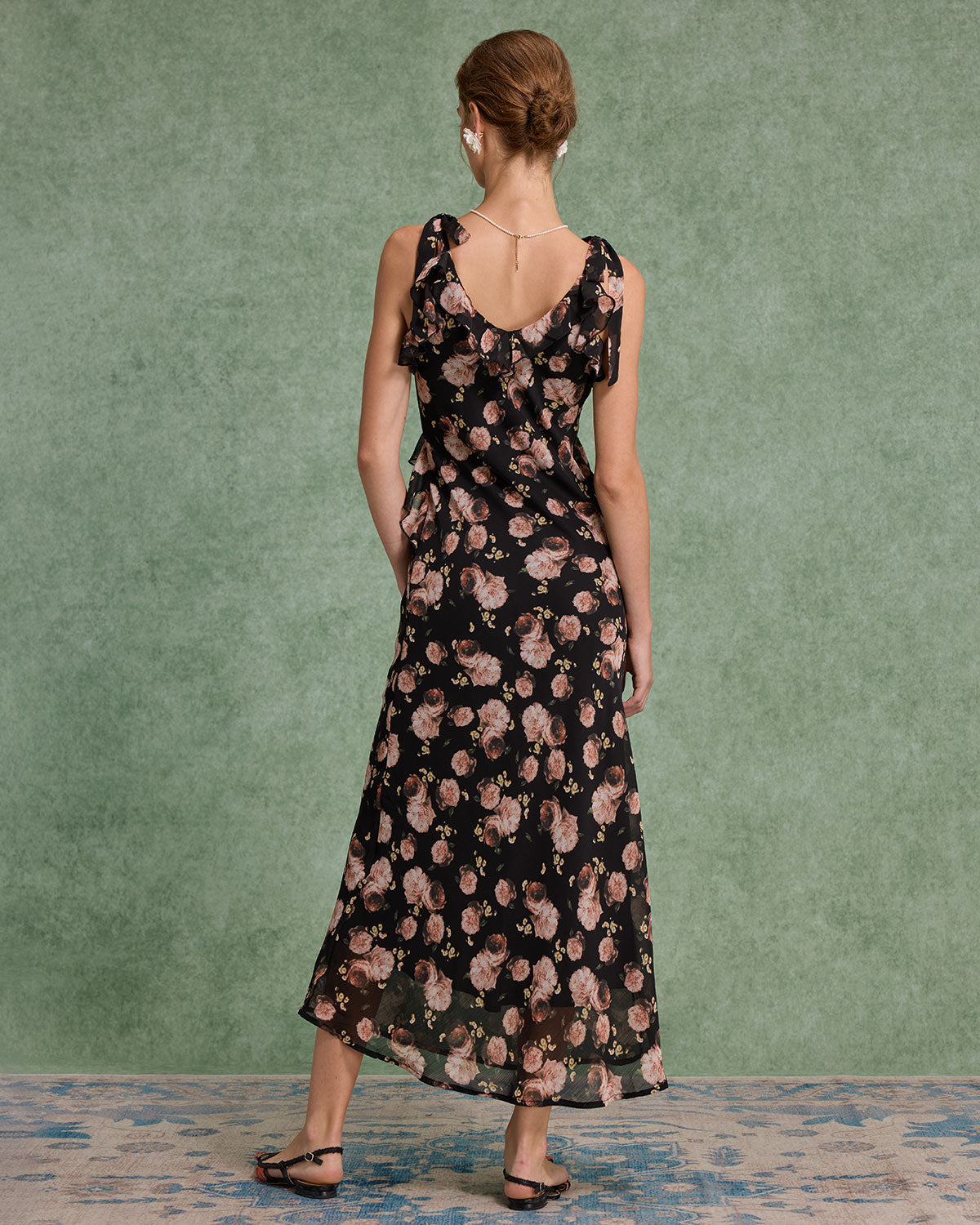 Black Floral Ruffle Sleeveless Maxi Dress