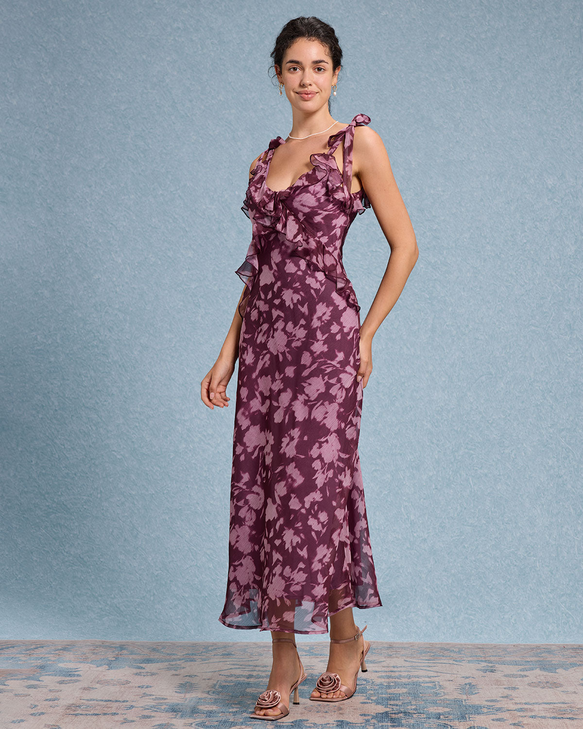 Purple Floral Ruffle Tie Strap Maxi Dress